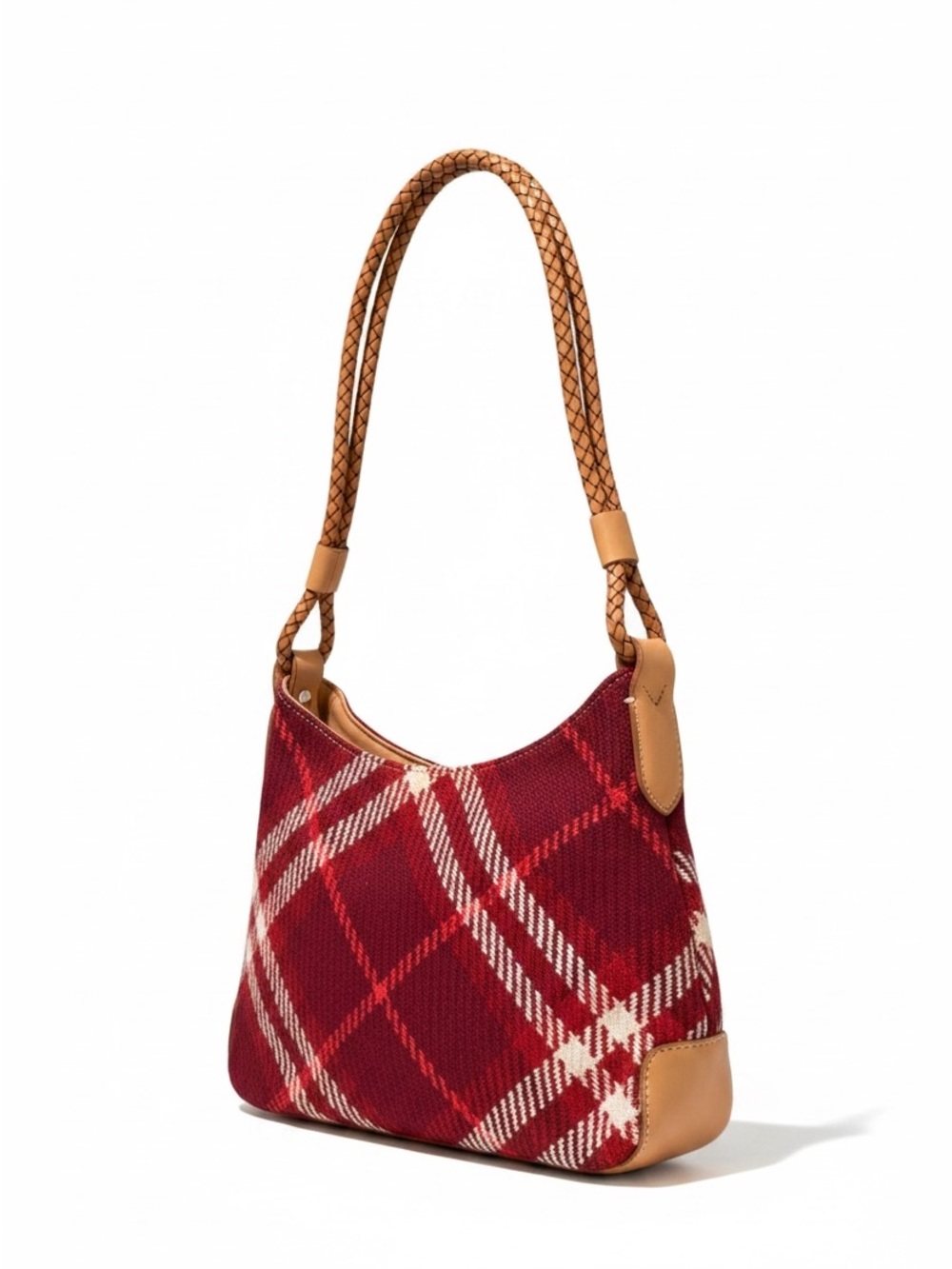 Vintage Burberry Red Plaid Wool Shoulder Bag Braided Leather Strap Nova Check